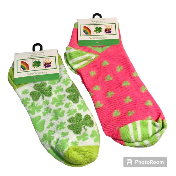 Shamrock Socks St Patricks Day Celtic Pink Green Clover 2 Pairs Lot Shamrocks - Picture 1 of 5